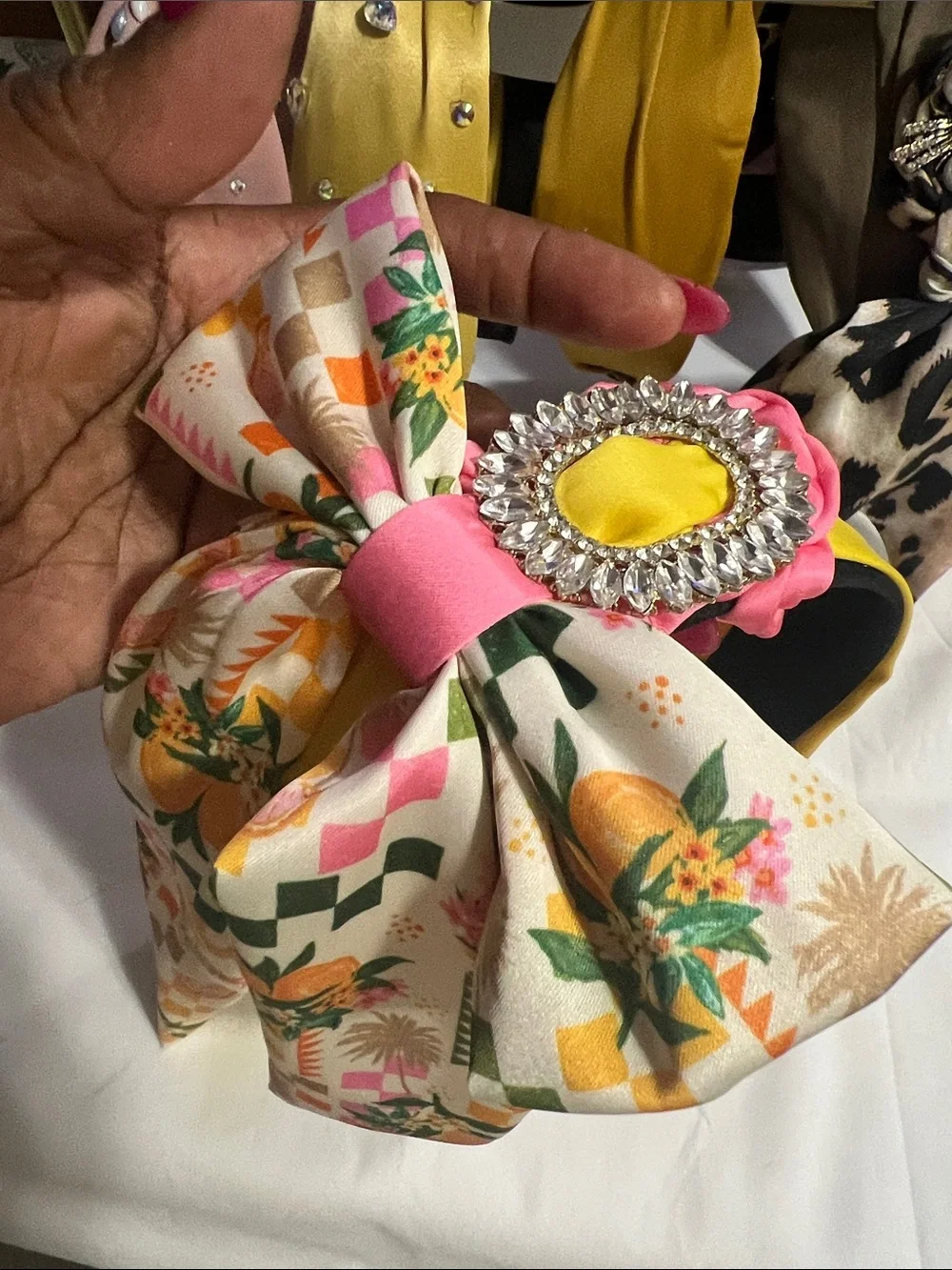 Floral Bow Headband with Jewel Accent - Pink & Yellow